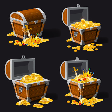 Set old pirate chests full of treasures, gold coins, ingots, jewelry, crown, dagger, vector, cartoon style illustration isolatedのイラスト素材