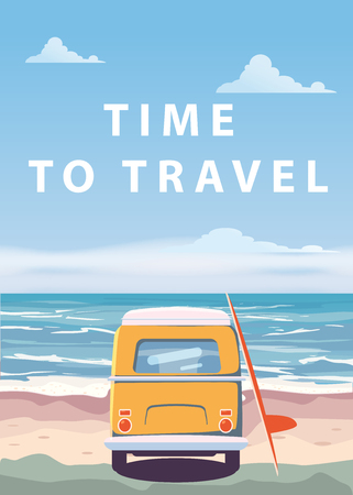 Travel, trip vector illustration. Ocean, sea, seascape Surfing van bus on beachのイラスト素材