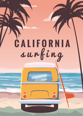 Surfer orange bus, van, camper with surfboard on the tropical beach. Poster California palm trees and blue ocean behind. Retro illustration of modern design, isolated, vectorのイラスト素材