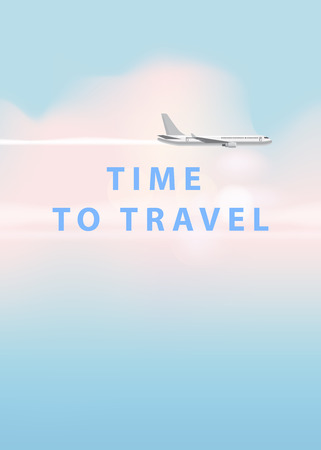 Flying plane and cloud on blue sky background. Concept design template of time to travel. Vector illustration in cartoon style, banner, poster, isolated, illustrationのイラスト素材