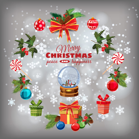 Greeting card Christmas set with pine branches, decorations, candies, ribbons, snow globe, boxes of gifts, Christmas balls. Realistic, flimsy vector elements for design of greeting cards, banners, isolated, illustrationの写真素材