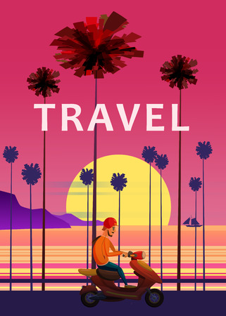 Travel, trip vector illustration. Sunset, ocean, sea, seascape Surfing van bus on road palm beach