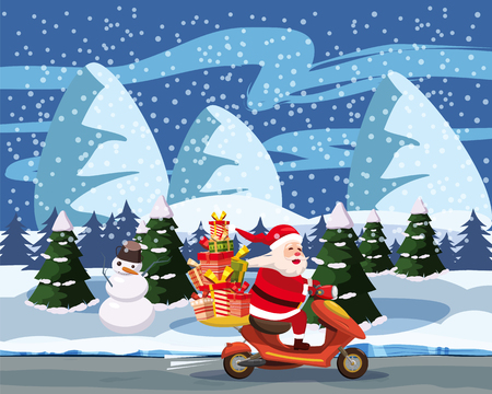 Merry Christmas and Happy New Year, Happy Santa Claus with a gifts box riding a scooter.のイラスト素材