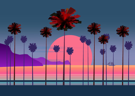 Summer vacation road, tropical beach Sunset, ocean, sea, with Palm treesのイラスト素材
