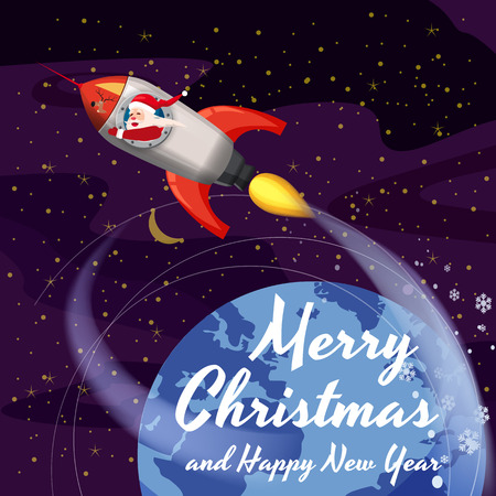 Santa Claus on a rocket flies in space around the Earth, Merry Christmas and Happy New Year. Winter, stars, vector, illustration, greeting, banner, poster, isolatedのイラスト素材