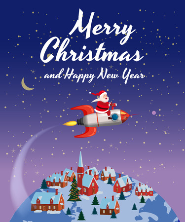 Santa Claus on a rocket flies in space around the Earth, Merry Christmas and Happy New Yearのイラスト素材