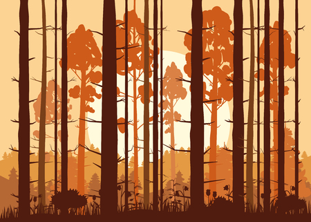 Forest, sunset, mountains, silhouettes of pine trees firs panorama horizonのイラスト素材
