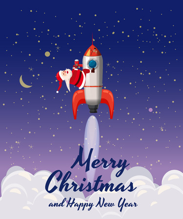 Santa Claus on a rocket flies in space around the Earth, Merry Christmas and Happy New Year. Winter, stars, vector, illustration, greeting, banner, poster, isolatedのイラスト素材