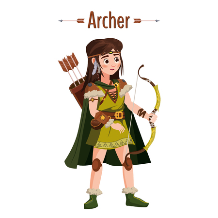 Archer girl warrior with bow, arrows, quiver. European medieval character in traditional costume. Vector Illustration isolated. Cartoon styleのイラスト素材