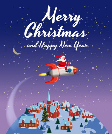 Santa Claus on a rocket flies in space around the Earth, small town. Merry Christmas and Happy New Year. Winter, stars, vector, illustration, greeting, banner, poster, isolatedのイラスト素材