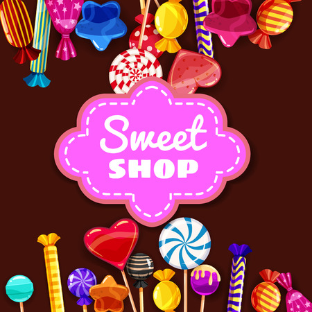 Candy Sweet Shop background set of different colors of candy, candy, sweets, candy, jelly beans. Template, poster, banner, vector, isolated, cartoon styleのイラスト素材