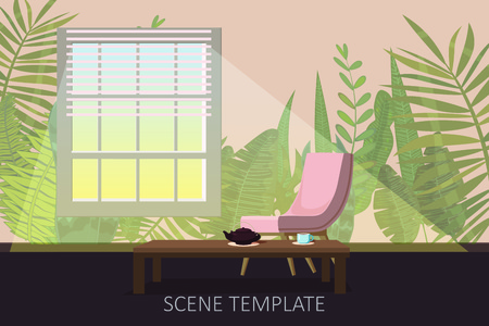 Interior template design of residential or living rooms with armchairs and a tea table on the background of wallpaper with a print of tropical plants and leaves, cartoon style, isolated, vector, illustrationの写真素材