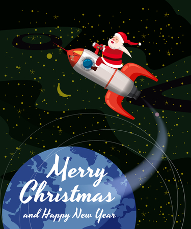 Santa Claus on a rocket flies in space around the Earth, Merry Christmas and Happy New Year. Winter, stars, vector, illustration, greeting, banner, poster, isolatedの写真素材