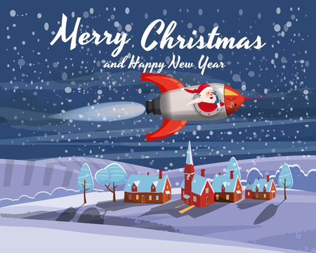 Santa Claus on a rocket flies in space around the Earth little rural town, Merry Christmas and Happy New Year. Winter, stars, vector, illustration, greeting, banner, poster, isolatedの写真素材
