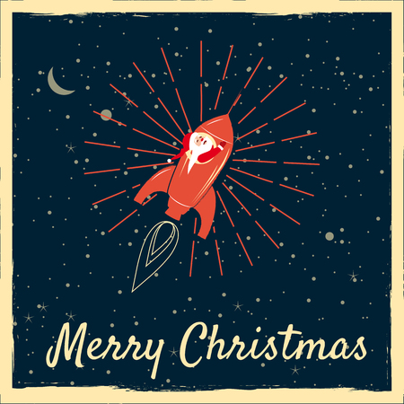 Santa Claus on a rocket flies in space around the Earth, Merry Christmas and Happy New Year, retroのイラスト素材