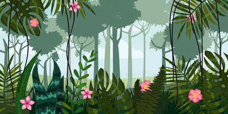 Jungle forest and flowers. Trees, leaves flowers parallaxのイラスト素材