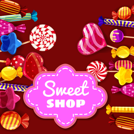 Candy Sweet Shop background set of different colors of candy, candy, sweets, candy, jelly beans. Template, poster, banner, vector, isolated, cartoon styleのイラスト素材