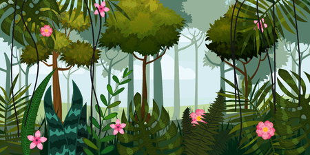 Jungle forest and flowers. Trees, leaves, flowers, parallax. Template for video and web design, apps, online games, print. Poster, baner, vector, isolated, cartoon styleの写真素材