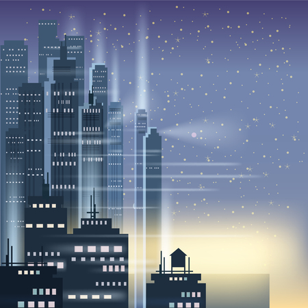 Night city, city scene, skyscrapers, towers, starry sky, lights horizon perspective vector isolatedのイラスト素材