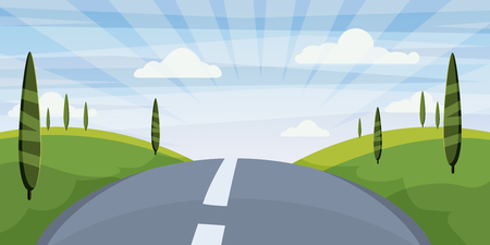 Cartoon landscape with road, higway and summer, sea, sun, trees. Trip, vacation, travel. Vector illustration, isolated, cartoon styleの写真素材