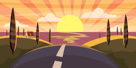 Cartoon landscape with road, higway and sunset summer, sea, sun, trees. Trip, vacation, travel. Vector illustration, isolated, cartoon styleの写真素材