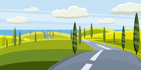 Cartoon landscape with road, higway and summer, sea, sun, trees. Trip, vacation, travel. Vector illustration, isolated, cartoon styleの写真素材