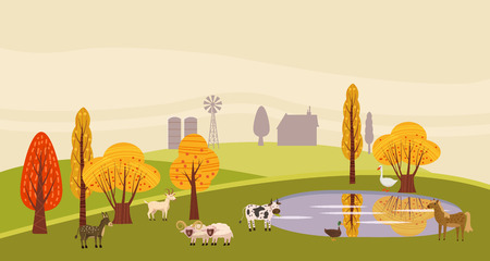 A countryside rural landscape lake autumn with animals, barn, windmill, haystacks, pond, silage towers, isolated. Farm modern flat cartoonのイラスト素材