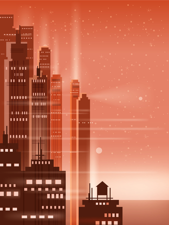 Night city, city scene, skyscrapers, towers, starry sky, lights horizon perspective vector isolatedのイラスト素材