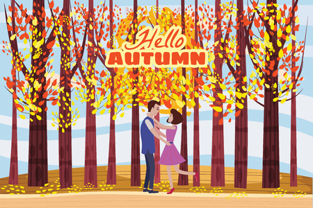 Hello autumn, Autumn alley, couple guy and girl characters meeting in the park, fall, autumn leavesのイラスト素材