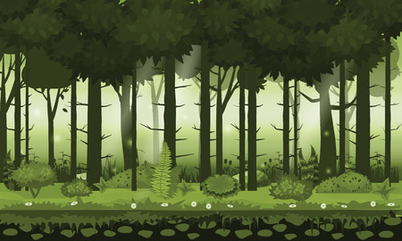 Fairy background forest. Bright forest woods, silhouttes, trees with bushes, ferns and flowersのイラスト素材