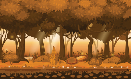 Fairy background forest. Bright forest woods, silhouttes, trees with bushes, ferns and flowersのイラスト素材