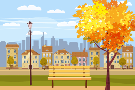 Autumn city park at sunset. Wooden bench, vintage street lights, colorful trees, defoliation, city buildings, setting sun,のイラスト素材