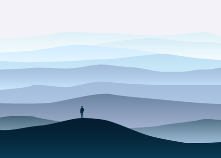 Minimalistic mountain landscape, lonely explorer, horizon perspective vectorのイラスト素材