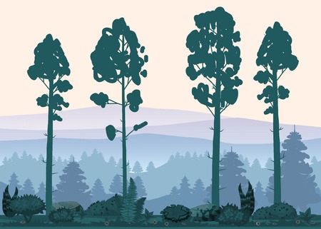 Cartoon illustration of background forest. Bright forest woods, silhouttes, trees with bushes, ferns and flowersのイラスト素材