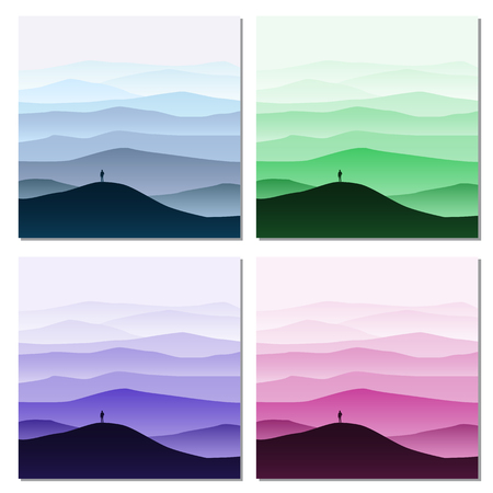 Set of Minimalistic mountain landscape, silhouettes, open your world, lonely explorer, horizon, perspective, vector, illustration, isolatedの写真素材