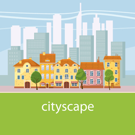 Urban landscape with large modern buildings and suburb with private houses. Concept city and suburban life. Vector, cartoon style, isolatedの写真素材