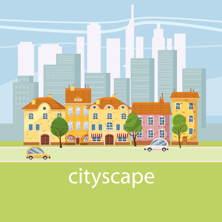 Urban landscape with large modern buildings and suburb with private houses. Street, highway with cars. Concept city and suburban life. Vector, cartoon style, isolatedの写真素材