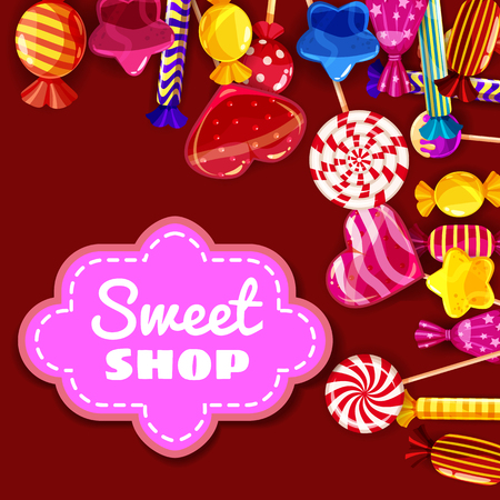 Candy Sweet Shop background set of different colors of candy, candy, sweets, candy, jelly beans. Template, poster, banner, vector, isolated, cartoon styleの写真素材