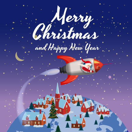 Santa Claus on a rocket flies in space around the Earth little rural town, Merry Christmas and Happy New Year. Winter, stars, vector, illustration, greeting, banner, poster, isolatedの写真素材
