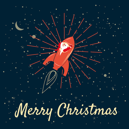 Santa Claus on a rocket flies in space around the Earth, Merry Christmas and Happy New Year, retroのイラスト素材