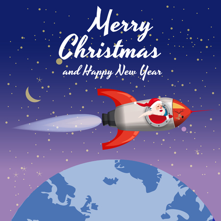 Santa Claus on a rocket flies in space around the Earth, Merry Christmas and Happy New Yearのイラスト素材