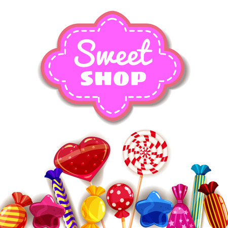 Candy Sweet Shop template set of different colors of candy, candy, sweets, candy, jelly beans. Background, poster, banner, vector, isolated, cartoon styleのイラスト素材