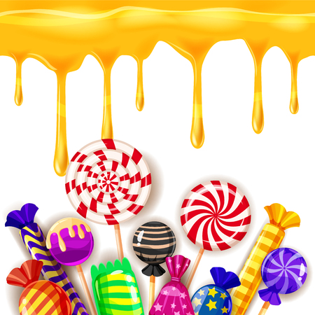 Candy Sweet Shop colourfull template set of different colors of candy, candy, sweets, candy, jelly beans with caramel drips. Background, poster, banner, vector, isolated, cartoon styleのイラスト素材