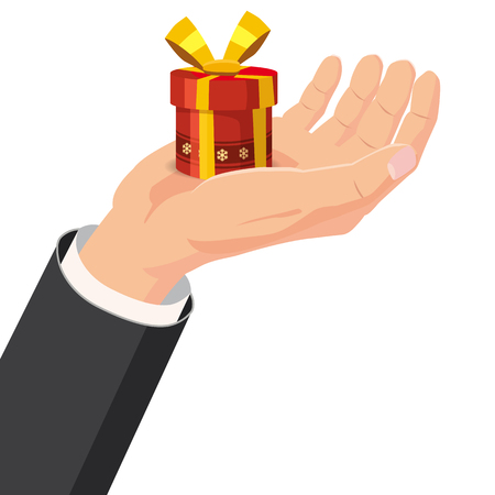 The hand that holds the box, gift. Cartoon style. The concept of delivery, victory, Christmas holiday, birthday, engagement, weddingのイラスト素材
