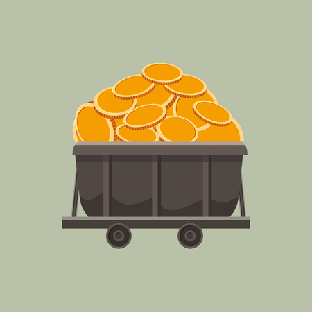 Trolley full of gold coins. Mine tool. Business concept, symbol economy, successful finance. Vector illustration, isolated, cartoon styleのイラスト素材