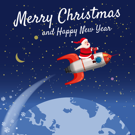 Merry Christmas and Happy New Year. Santa Claus on a rocket flies in space around the Earth. Winter, stars, vector, illustration, greeting, banner, poster, isolatedのイラスト素材