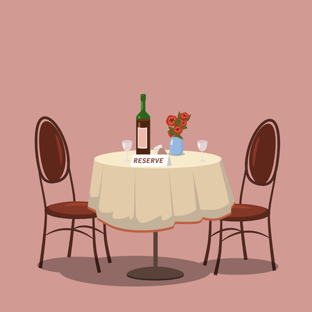 Table for two reserved. Wine bottle and two glasses, flowers on the table, white tablecloth, two chairs, cafe. Cartoon style, template, vector illustration, isolatedのイラスト素材