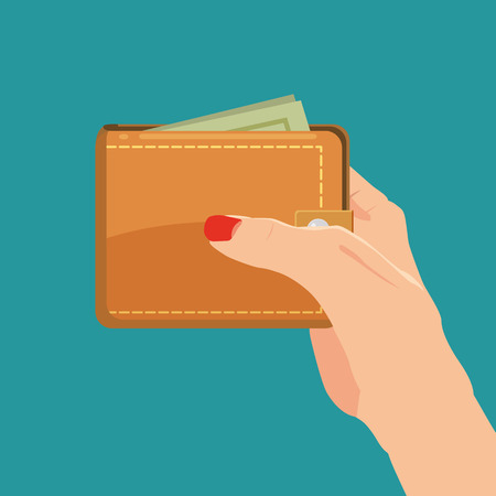 Payment concept. Hand holding wallet with dollars bills isolated. Cartoon vector cartoon illustration for business web design. Closed purse with money.の写真素材