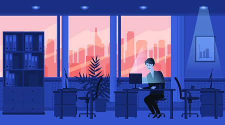 Modern interior of the office. Sunset, the character employee manager works at the computer. Vector, illustration, isolatedのイラスト素材