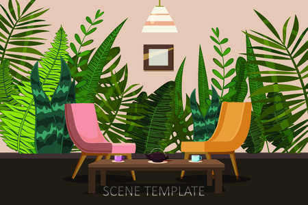 Interior template design of residential or living rooms with armchairs and a tea table on the background of wallpaper with a print of tropical plants and leaves.のイラスト素材